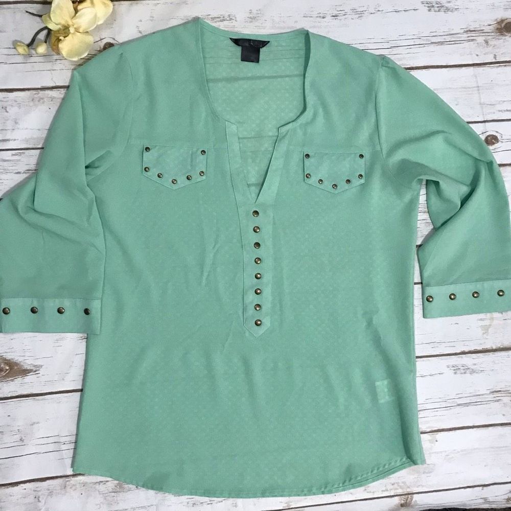 Womens Wrangler‎ Rock 47 3/4 Sleeve V Neck Green Studded Blouse Size L - Picture 8 of 13